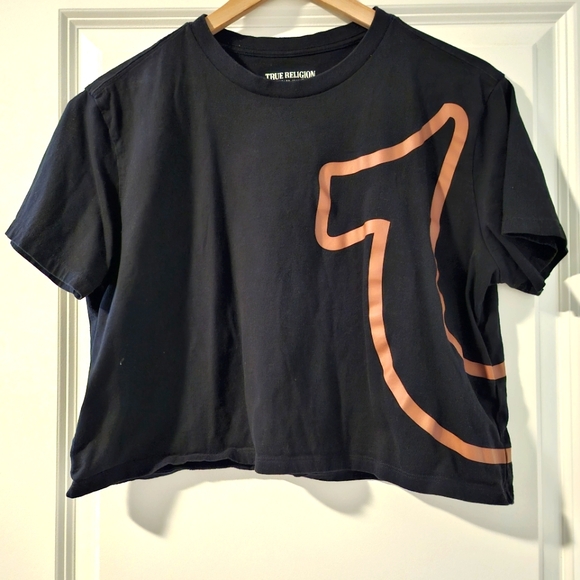 True Religion Tops - True Religion Black Crop Top with Tan Logo